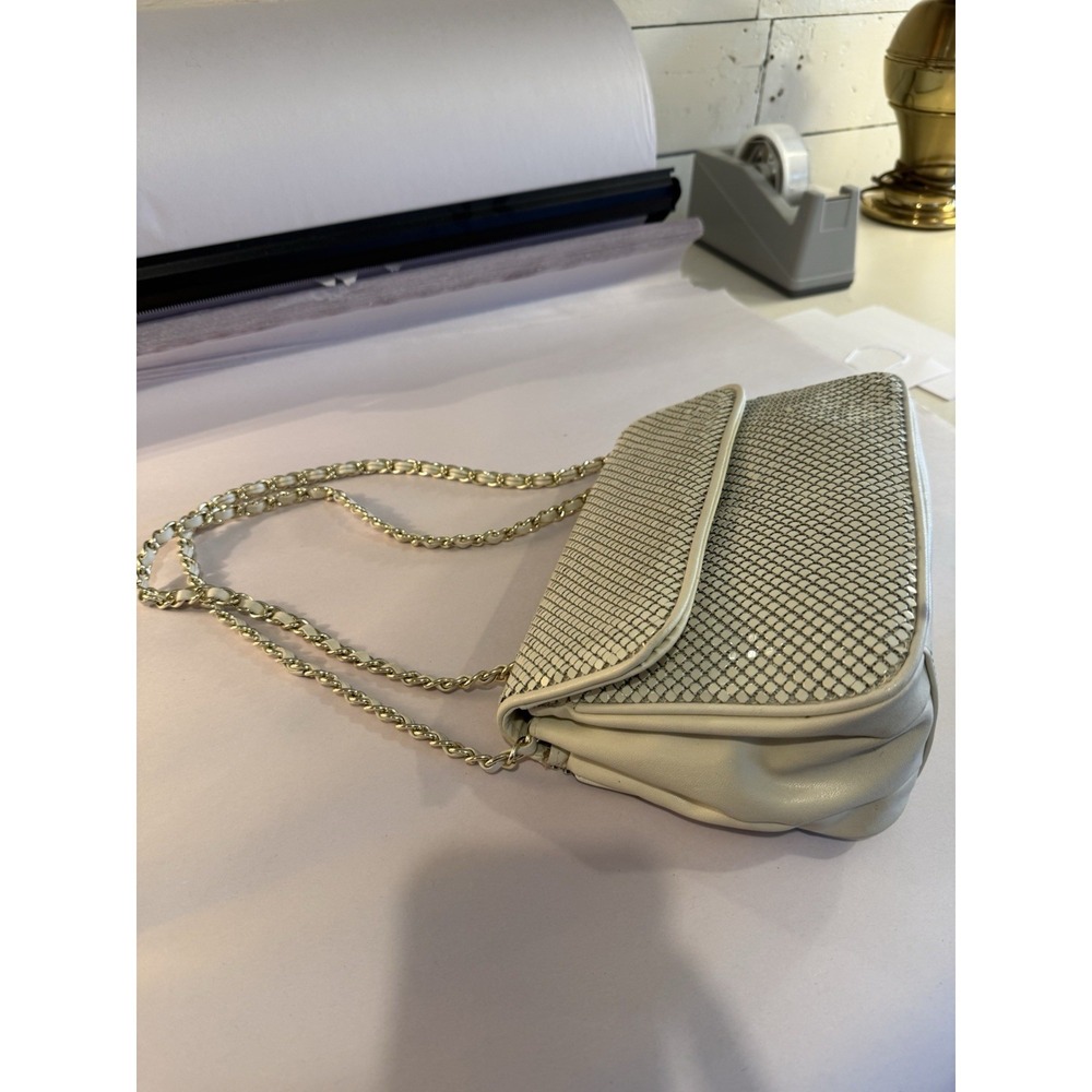 Vintage Whiting & Davis White Metal Mesh Purse Gold Chain Shoulder Bag 10.5" - Picture 10 of 15